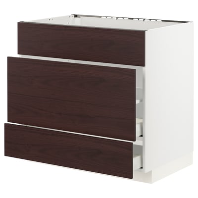 METOD / MAXIMERA Base cab f sink+3 fronts/2 drawers, white Askersund/dark brown ash effect, 90x60x80 cm