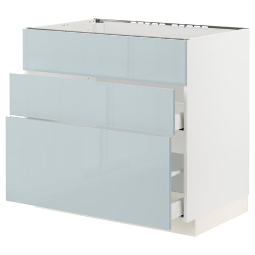 Modern grey-blue high-gloss kitchen unit with three drawers and metallic handles.
