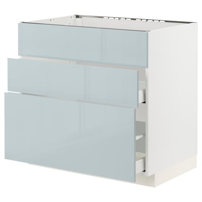 METOD / MAXIMERA Base cab f sink+3 fronts/2 drawers, white/Kallarp light grey-blue, 90x60x80 cm