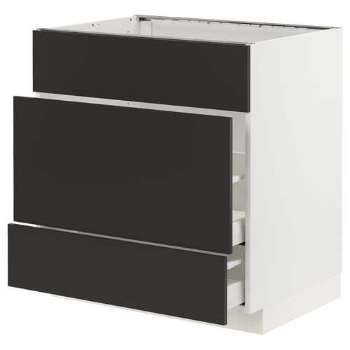 Modern black ikea METOD kitchen unit with two drawers and shelves.