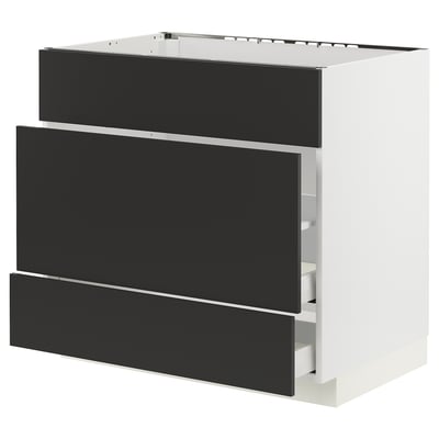 METOD / MAXIMERA Base cab f sink+3 fronts/2 drawers, white/Nickebo matt anthracite, 90x60x80 cm