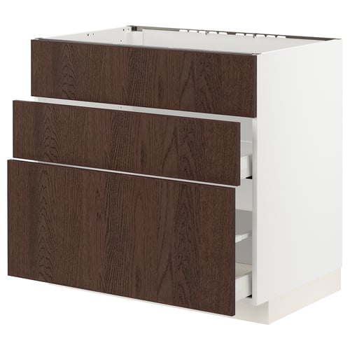 METOD kitchen cabinet with 3 wood-grain drawers, solid wood edging.