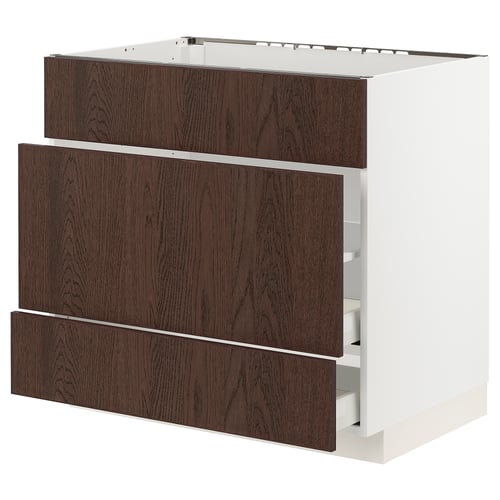 Modern dark brown oak kitchen cabinet with 3 drawers.