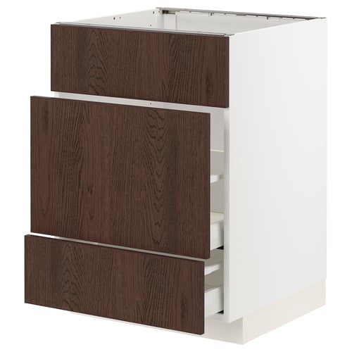 Dark brown wooden drawers, white cabinet base, modern kitchen storage unit.