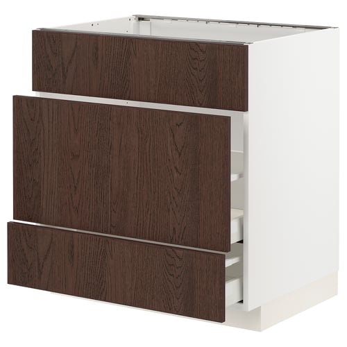 Modern dark brown ikea METOD kitchen unit with wooden drawers and white frame.