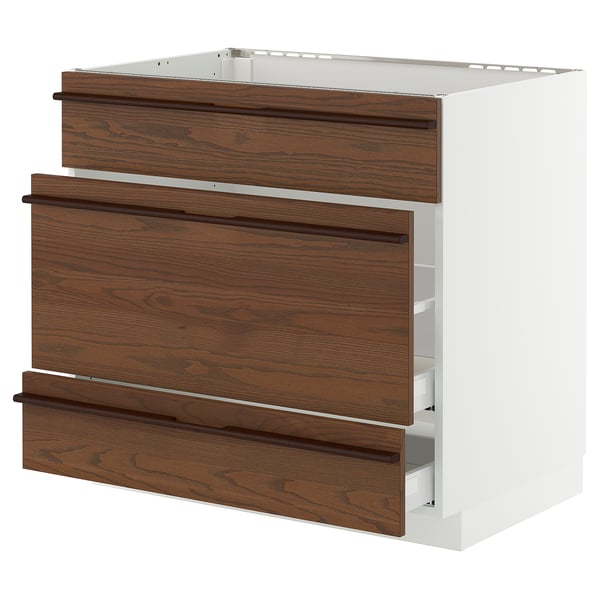 METOD / MAXIMERA Base cab f sink+3 fronts/2 drawers, white/Stensta dark brown ash veneer, 90x60x80 cm
