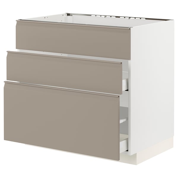 METOD / MAXIMERA Base cab f sink+3 fronts/2 drawers, white/Upplöv matt dark beige, 90x60x80 cm