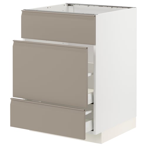 Modern kitchen cabinet, white & beige, three drawers, minimalist design, integrated handles, sleek edges.