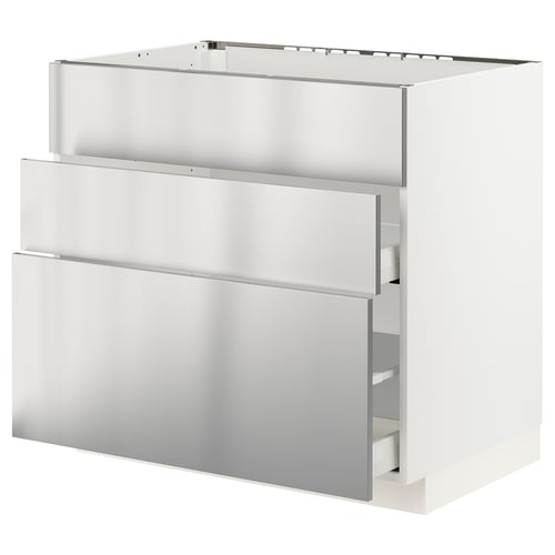 Stainless steel kitchen unit, modern design with three drawers.