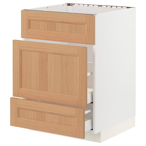 Modern kitchen cabinet, white & wood, 3 drawers.