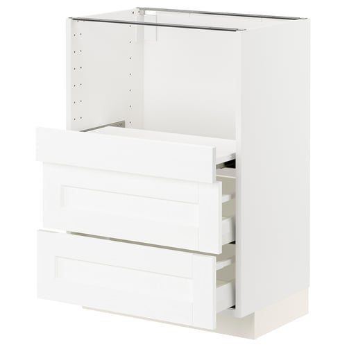 White METOD kitchen cabinet with three drawers and pull-out shelf, sleek design, sturdy material.
