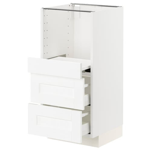 METOD kitchen unit in white with three open drawers.