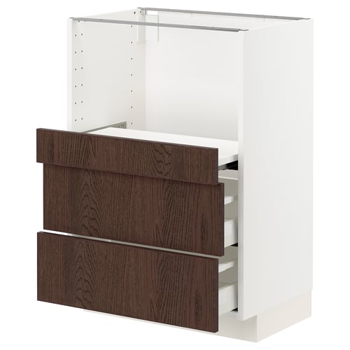 METOD kitchen storage unit with dark brown wooden drawers.