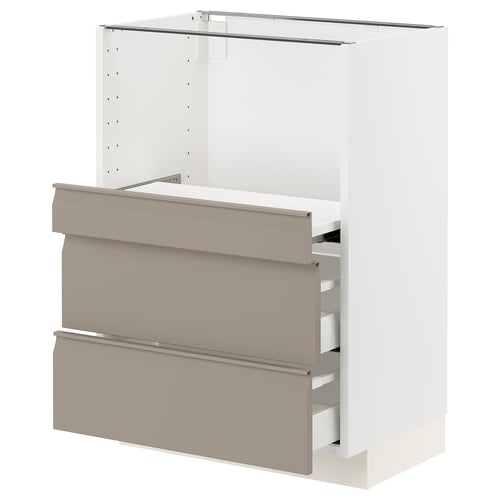 Modern kitchen cabinet, white frame, beige drawers, soft-close drawers, minimalist design.