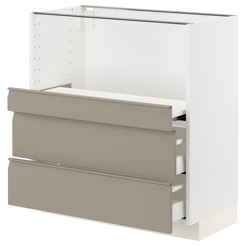 Modern kitchen cabinet in grey-beige with drawn handles, featuring multiple drawers.