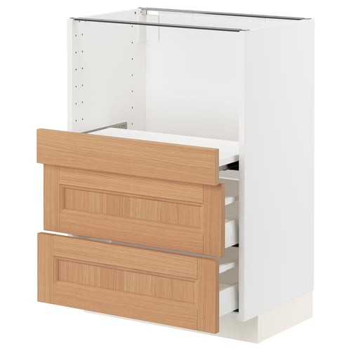 A white and light brown contemporary kitchen cabinet from IKEAs METOD system with wooden drawers.