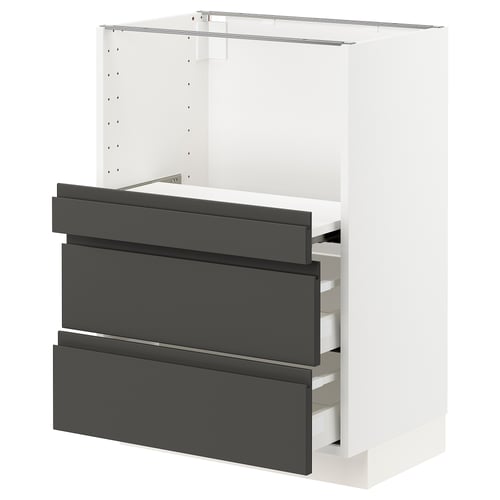 Modern kitchen unit: METOD with dark grey voxtorp fronts, three drawers, sleek, handle-less design.