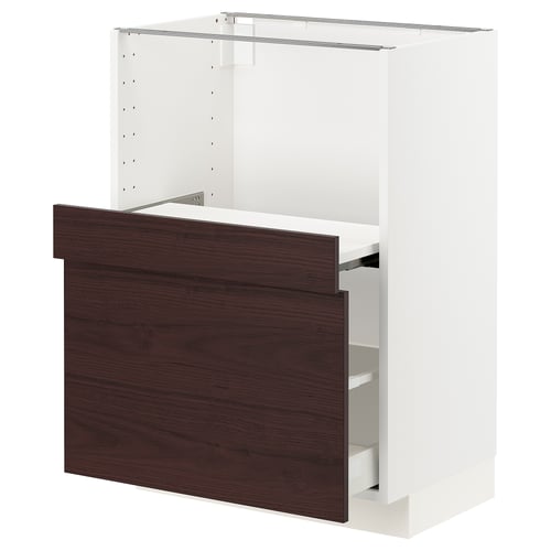 An ikea METOD kitchen cabinet with white and dark brown wooden design. It a tall unit with shelves and drawers.