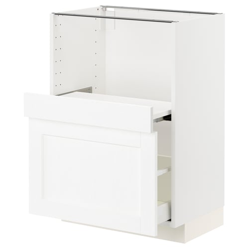 A white METOD kitchen cabinet with an open drawer and no door.