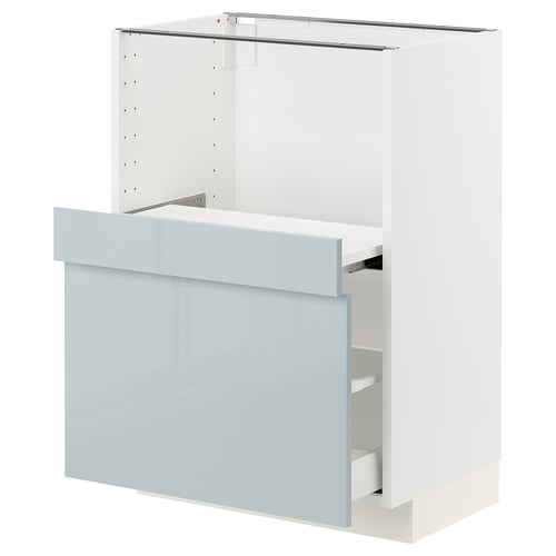 A white METOD kitchen cabinet with a high-gloss grey-blue drawer. It a modern design and sturdy construction.