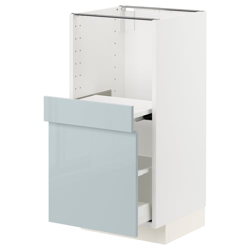 Ikea METOD kitchen cabinet with glossy grey-blue drawer and modern design.