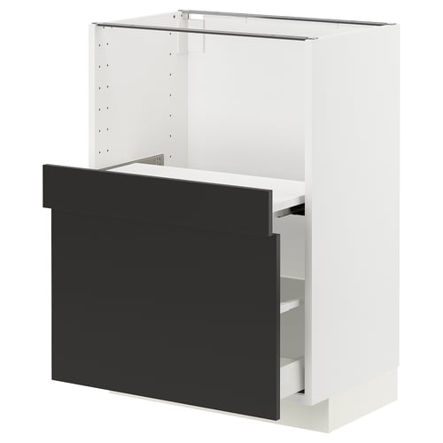 Modern kitchen unit, white with black drawer, sleek design, full-extension drawer.