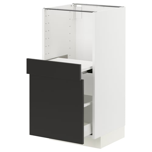 Ikea METOD kitchen unit, white frame, black drawer front, sleek design.
