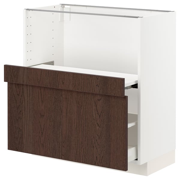 METOD / MAXIMERA Base cab w pull-out shelf/drawer, white/Sinarp brown, 80x41x80 cm