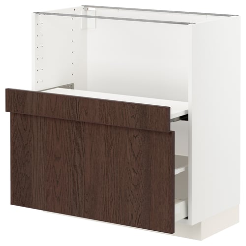 METOD kitchen unit, white with dark brown wood drawers, rectangular, modern design.