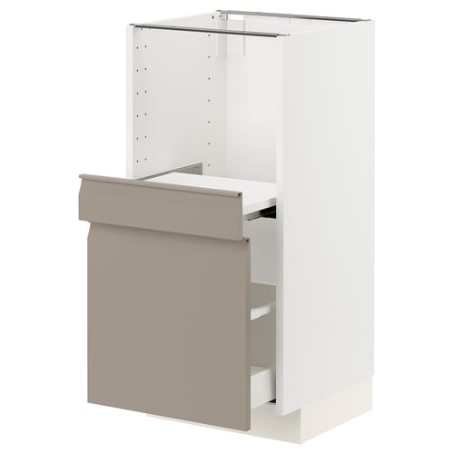 Ikea METOD white kitchen cabinet with grey upplöv drawers.