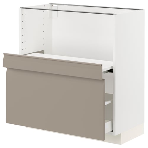METOD kitchen unit, white with beige drawers.