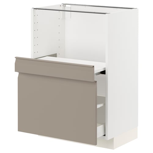 This image shows a white and beige METOD kitchen cabinet with two pull-out shelves. The cabinet a frame construction and a modern, minimalist design.