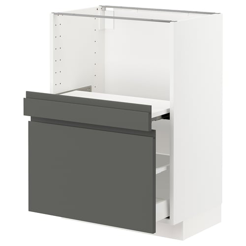 A white and grey METOD kitchen cabinet system with a modern design and dark grey voxtorp fronts.