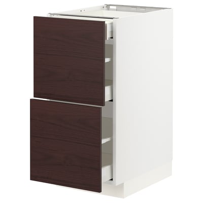 METOD / MAXIMERA Base cab with 2 fronts/3 drawers, white Askersund/dark brown ash effect, 40x60x80 cm