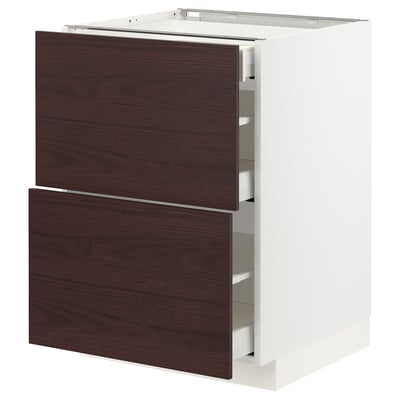METOD / MAXIMERA Base cab with 2 fronts/3 drawers, white Askersund/dark brown ash effect, 60x60x80 cm