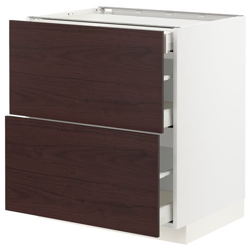 Modern kitchen cabinet with dark brown ash drawers and white base. Three full-extension drawers with soft-close feature.