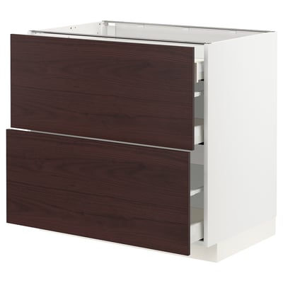 METOD / MAXIMERA Base cab with 2 fronts/3 drawers, white Askersund/dark brown ash effect, 90x60x80 cm