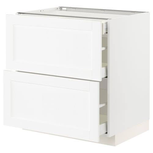 White METOD kitchen cabinet with white wood grain and pull-out drawers.