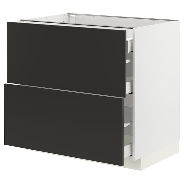 METOD / MAXIMERA Base cab with 2 fronts/3 drawers, white/Nickebo matt anthracite, 90x60x80 cm