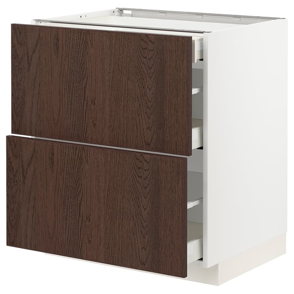 METOD / MAXIMERA Base cab with 2 fronts/3 drawers, white/Sinarp brown, 75x60x80 cm