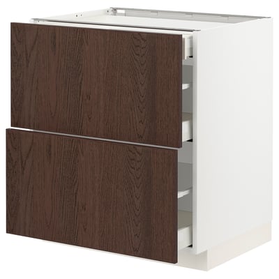 METOD / MAXIMERA Base cab with 2 fronts/3 drawers, white/Sinarp brown, 75x60x80 cm