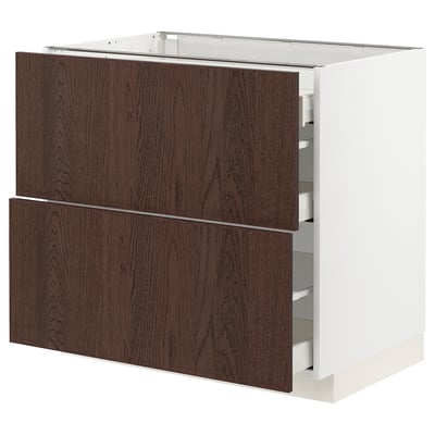 METOD / MAXIMERA Base cab with 2 fronts/3 drawers, white/Sinarp brown, 90x60x80 cm