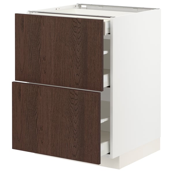 METOD / MAXIMERA Base cab with 2 fronts/3 drawers, white/Sinarp brown, 60x60x80 cm