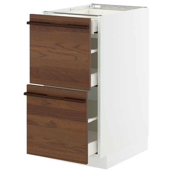 METOD / MAXIMERA Base cab with 2 fronts/3 drawers, white/Stensta dark brown ash veneer, 40x60x80 cm