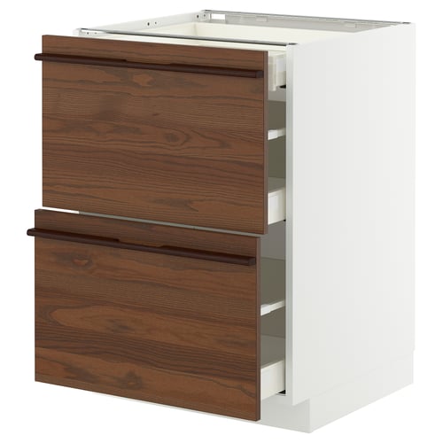 A METOD kitchen cabinet with dark brown stained ash veneer drawers and white frame.