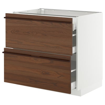METOD / MAXIMERA Base cab with 2 fronts/3 drawers, white/Stensta dark brown ash veneer, 90x60x80 cm