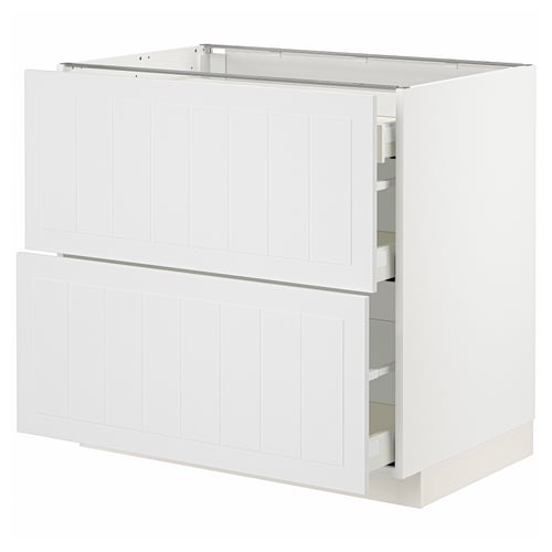 White METOD kitchen cabinet, rectangular, two drawers, wooden panel design.