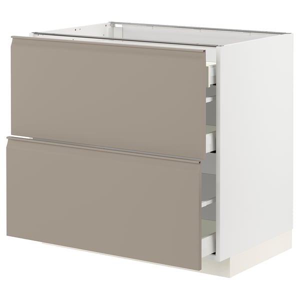 METOD / MAXIMERA Base cab with 2 fronts/3 drawers, white/Upplöv matt dark beige, 90x60x80 cm