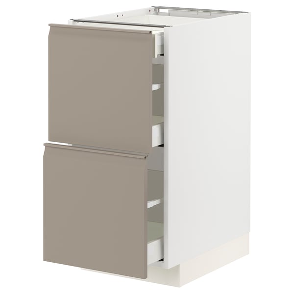 METOD / MAXIMERA Base cab with 2 fronts/3 drawers, white/Upplöv matt dark beige, 40x60x80 cm