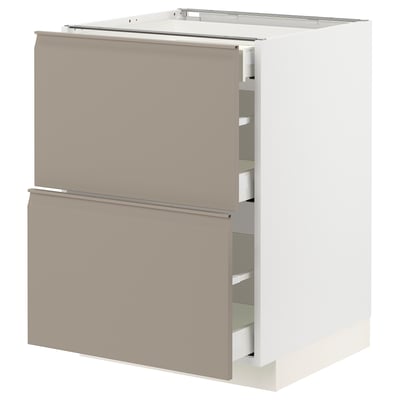 METOD / MAXIMERA Base cab with 2 fronts/3 drawers, white/Upplöv matt dark beige, 60x60x80 cm